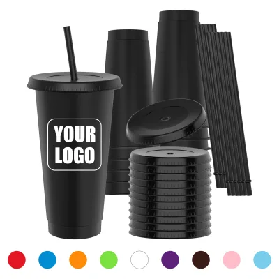Reusable 24 oz Plastic Cups With Lids and Straws Custom Logo Black Plastic Tumblers Cup Bulk Tumbler With Straw for Party Travel