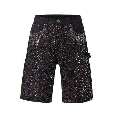 High Street Rhinestone Shorts | Splash Dye Denim Cutoffs | 3/4 Length Gradient Crystal Jeans Shorts