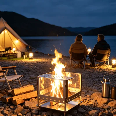 Compact Square Glass View Fire Pit Stainless Ventilated Wood Brazier Portable for Backpacking Outdoor Trip
