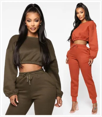Custom Logo Print Cropped Sweatsuit Set High Quality Cotton Fleece Tracksuit Womens Sweatpants and Sweatshirts Lady Hoodie Set