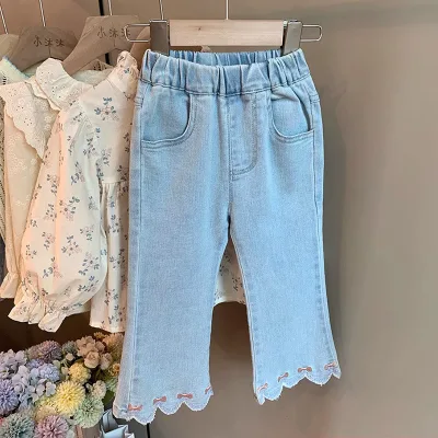 2026 New Girls' Denim Flared Garment Dyed Mid-Waist Softened Pants Spring Autumn Baby Girl's Western Style All-match Outerwear