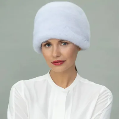 Light Blue Mink Fur Hat in Round Style Custom High Quality Women's Hat Casual Style Mink Fur Hats for Sale Factory Price