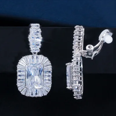 No Piercing Dazzling Big Baguette Cut Cubic Zircon Square Dangle Clip on Earrings for Women Brides Party Luxury Wedding Jewelry