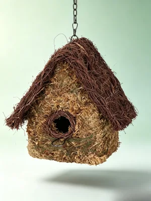 Rustic Rattan Hanging Bird House & Nest with Chain Moss Topiary Decor 10.5''x8.5''xH11.5'' for Indoor/Outdoor Use