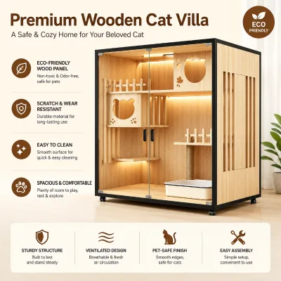 Modern Wooden Cat Enclosure with 3C Tempered Glass, Scratch & Impact Resistant