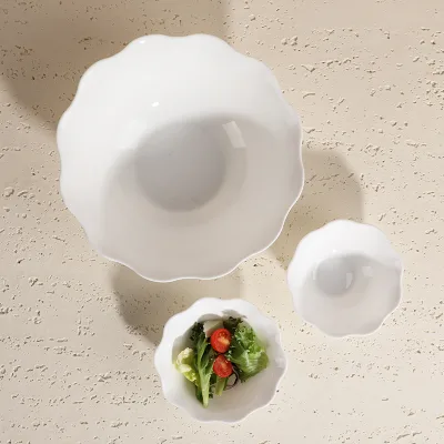 High Quality Classic Polished Lotus Flower Design White Opal Glass Bowl Plant Pattern Dinner Salad Bowl Flower Rim