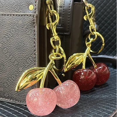 Cute Strawberry Cherry Keychain Red Bag Charms Heart Keyring Purse Backpack Car Accessories Decoration for Women Girls Handbag