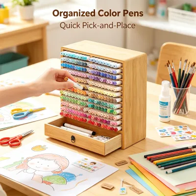 Bamboo Marker Organizer With Storage Drawer Large Capacity Pen Holder for Art Supplies Sorting in Studio Study Home Work Desk