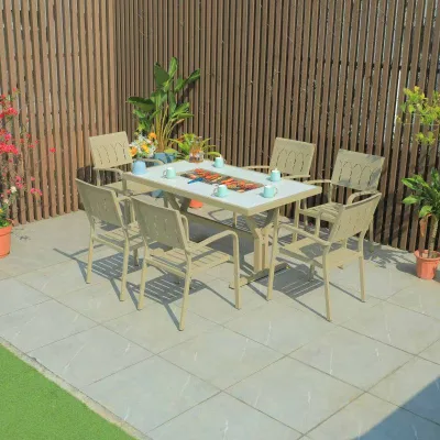 Champagne Cast Aluminum Patio Dining Set Y Leg BBQ Table with 6 Hollow Back Chairs for Garden Villa Outdoor Furniture