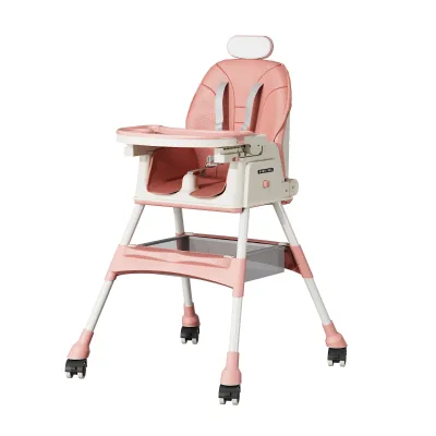 Baby Feeding Chair Foldable High Chair PU Cushion 5 Point Safety Harness Removable Tray Silent Brake Wheels
