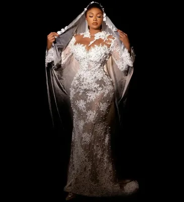 Customized African Wedding Dress Bridal Gowns Plus Size Mermaid Wedding Gowns Sheer Neck Long Sleeves Pearls Beaded Lace Gowns
