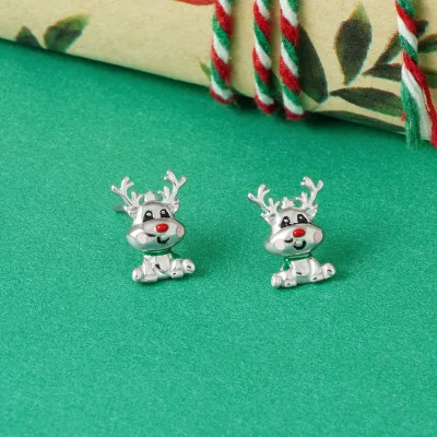 Lovely Cute 925 Sterling Silver New Year Christmas Enamel Animal Elk Horn Fashion Stud Earrings for Kids Women Bulk Wholesale