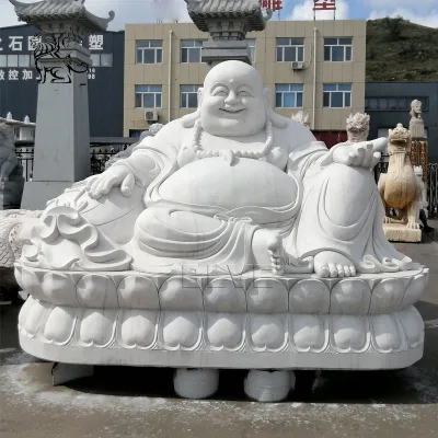 BLVE Religious Large White Stone Carving Fat Happy Laughing Buddha Sculpture Marble Maitreya Buddha Statues for Sale