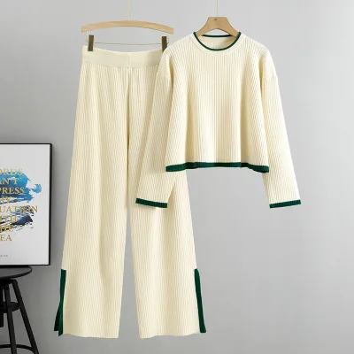 Spring Autumn Solid Sweater Suit Long Sleeve Top T Shirt Wide Leg Pants Loom Clothing Woman Knitted Lady Two Piece Set for Women