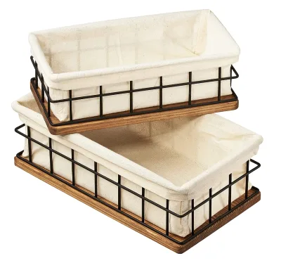 Set of 2 Sizes Wood and Wire Baskets with Liners Wall Decor for Organizing Bathroom Kitchen Floating Wall Shelf