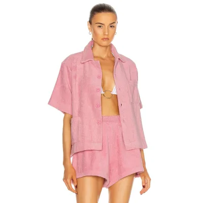 Summer Beach Women Over Sized Terry Set Teens Daily Wear Short Sleeves Shirt Hot Shorts Sets for Lady