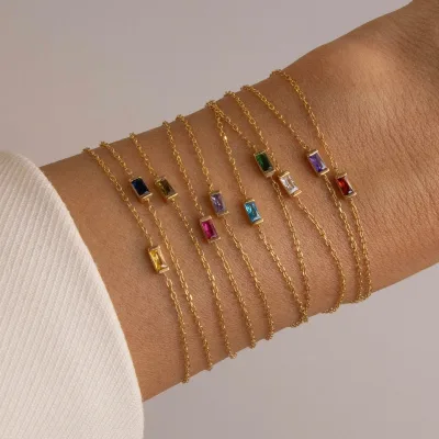 EManco 18k Gold Plated Minimalist Stainless Steel Bracelet Elegant Rectangle Birthstone Colorful Zircon Rectangle Stone Bracelet