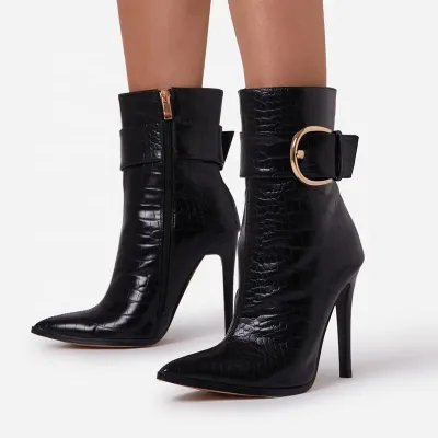 Winter Elegant High Heel Shoes Booty Fashion Buckle Strap Ankle Boots Black Side Zip for Women Big Size 43