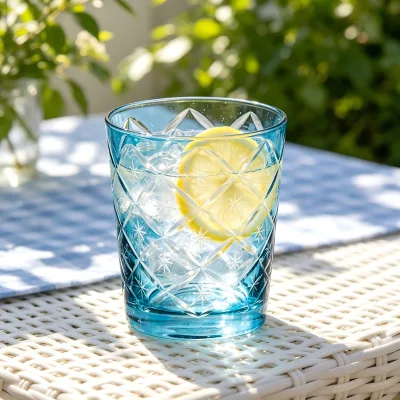 Hand Cut Blue Whiskey Glass, Blue Colored Glass Tumbler for Whiskey, Cocktail, Daily Beverage