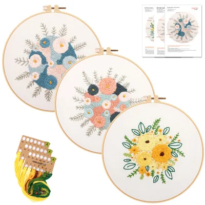 15cm Stock 3 Pcs Pattern Kit Flower Printed Cloth Embroidery Kit for Starter with Hoop Wholesale