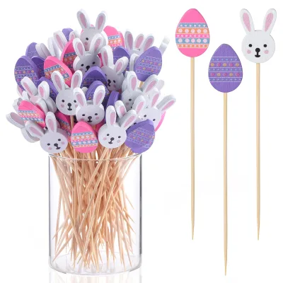WOWEI 100 Pcs Easter Cocktail Picks Egg Long Ears Bamboo Skewers Rabbit Toothpicks Disposable Picks Decorative for Appetizers