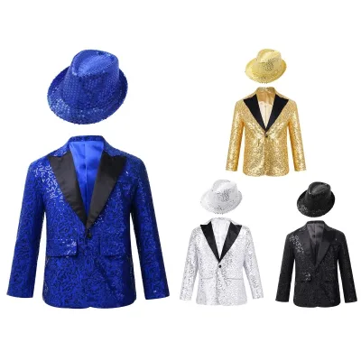 6-16 Kids Boys Dance Party Stage Performance Wear Long Sleeve Suit Jacket Coat With Fedora Hat Sets for Dance Banquet Party