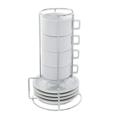 Ceramic Coffee Cup and Saucer 9-Piece Stackable Espresso Coffee Set, Fine White Porcelain, 4 (4-Ounce) Cups With Matching Saucer