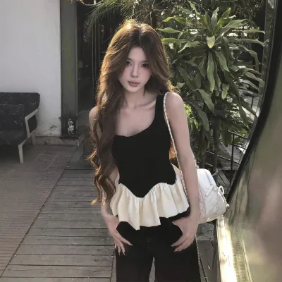 Women Ruffle Hem Tank Top U Neck Sleeveless Peplum Waist Slim Fit Contrast Patchwork Cropped Camisole Casual Street Tops