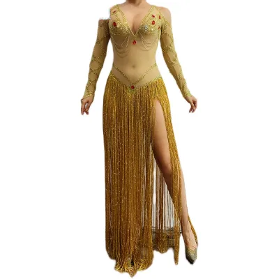 New Fashion Suit Gold Crystal Tassel Hot Belly Dancing Costume Exotic Performance Stage Dress