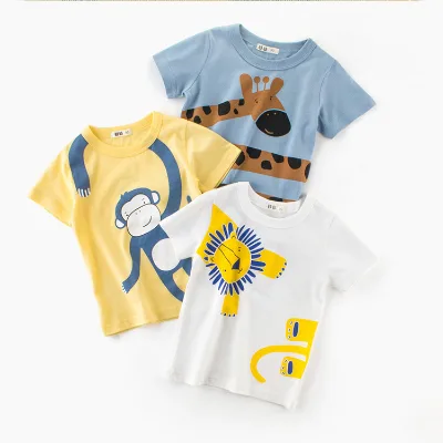 Three T-Shirts Pack Stylish Cute Cartoon Animal Contrast Color Short Sleeved Top Summer Kids Clothing Printing T-Shirt for Boy