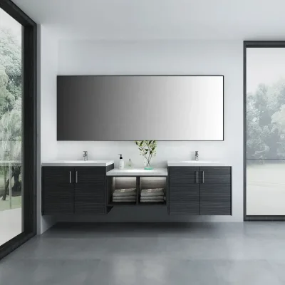Multi Drawer Wall Mount Floating Bathroom Vanity with Quartz Countertop & Long Metal Pull Handles & Large Frameless Wall Mirror