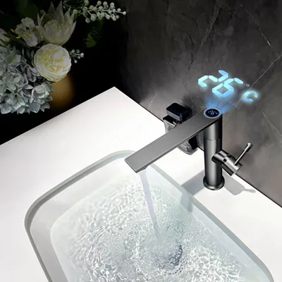 Smart Brass Water Automatic Waterfall Tap Modern Deck Bathroom Gun Grey Digital Display Single Handle Pull Spray Single Hole