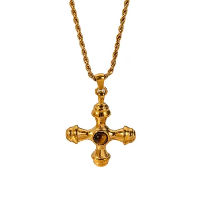 Fashion 18K Gold Plated Cross Pendant Necklace Tiger Eye Green Stone Stainless Steel Necklaces Non Tarnish Jewelry Wholesale