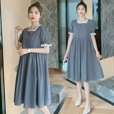 Korean Fashion Lace up New Summer Lady Simple Pleated Plus Size Dress Women Causal Loose Midi Dresses