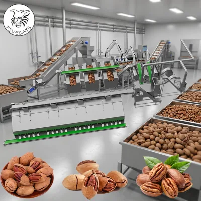 Food Grade Pecan Nut Fabrication Plant Pre Conditioning Dehulling Seasoning Filling Sealing Industrial Nut Handling Machinery