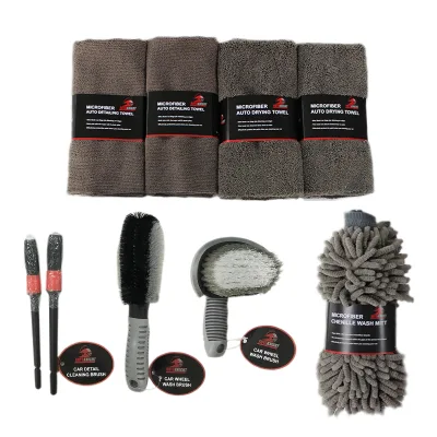 New Arrival 9 Pcs Thick Absorbent Soft Microfiber Towel Polishing Waxing Sponge Brush Car Care Detailing Wash Cleaning Tools Kit