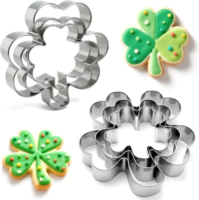 St. Patrick's Day Eco-Friendly Stainless Steel 3-Piece Cookie Cutter Set Shamrocks & Four Leaf Clovers Shapes Biscuit Mold