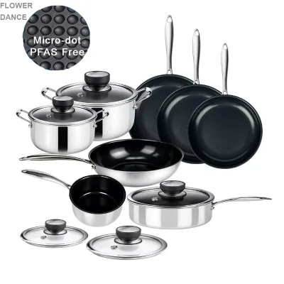13-Piece Classic Stainless Steel Non-Stick Oven Dishwasher Safe Cookware Set Hex Hybrid Tect Bottom Glass Lid Soup Milk Pot