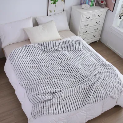 FY Custom High Quality Fashion Design Machine Washable Water Washable Gift Soft Gray Striped Flannel Fleece Blanket
