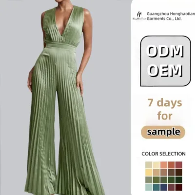 Manufacturer Custom High Quality Elevated Satin Fabric Plunging V-neckline Tie-back Detail All-over Pleating High Party Women's