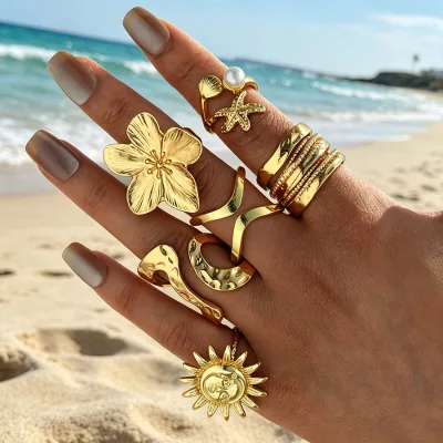 Womens Creative 6pcs/set Geometric Open Adjustable Sun Starfish Flower Rings Statement Party Chunky Women Wide Line Ring Jewelry