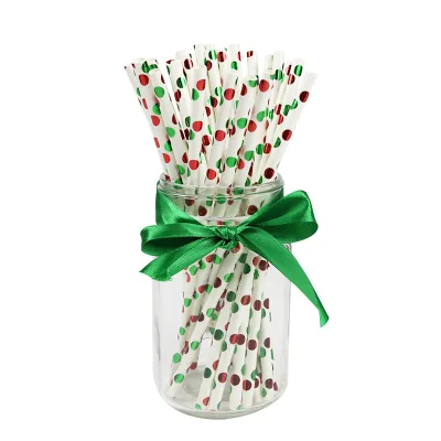 25pcs/bag Wholesale Red and Green Shine Dot Printed Juice Paper Straws, Grease Proof Paper Straws Drinking Straws 6 mm Custom