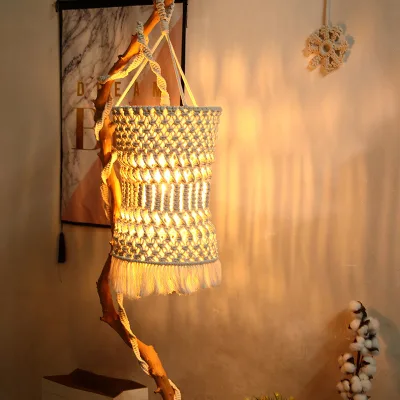 Handmade Modern Bohemian Design Cotton Tasseled Macrame Pendant Light Chandelier Lantern Mobile Shades for Bedroom Home Decor