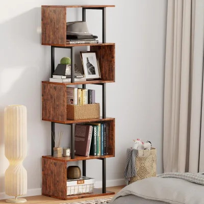 S-Shaped Industrial Bookshelf Steel Wood Open Storage Rack Geometric Display Shelf Living Room Decor Bookcase Metal Frame