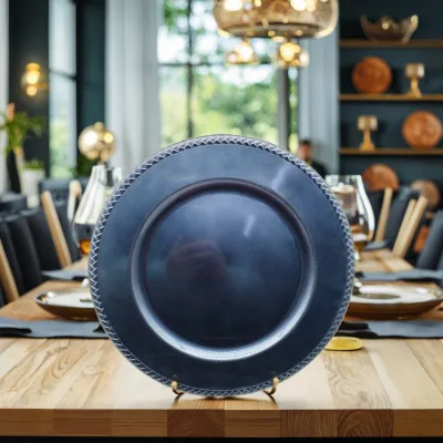 13-Inch Round Plastic Charger Plate Braided Cord Frame Plant Pattern Handmade Classic Design for Wedding Cutlery Accessories