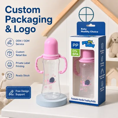 250ml Baby Bottle Handle Animal Pattern Straight Body Standard Caliber Mouth Newborn Drinking Cup 0-6 Month PP Bottle Wholesale