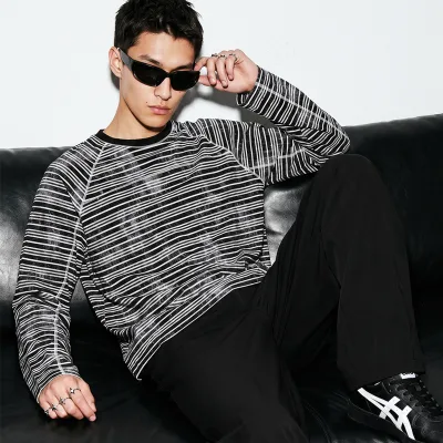 Wholesale Long Sleeve Acid Wash Striped T Shirt Oversized Casual t Shirt Long Sleeve for Men Stylish