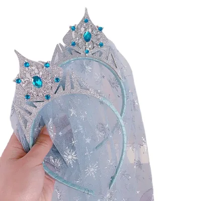 BINQING European & American Style Cloth Ice Snow Princess Long Veil Crown Hair Band Children's Birthday Gift Headwear