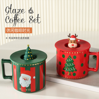 Ceramic Cup with Lid and Spoon Ins High Quality Leakproof Water Cup Cute Cartoon Breakfast Drink Mug Christmas Coffee Milk Cup