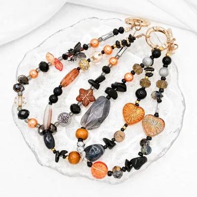 Luxury Black Gold Series Natural Stone Gemstone Heart Anti-lost Lanyard Handmade Wristband Mobile Phone Straps Cell Phone Case